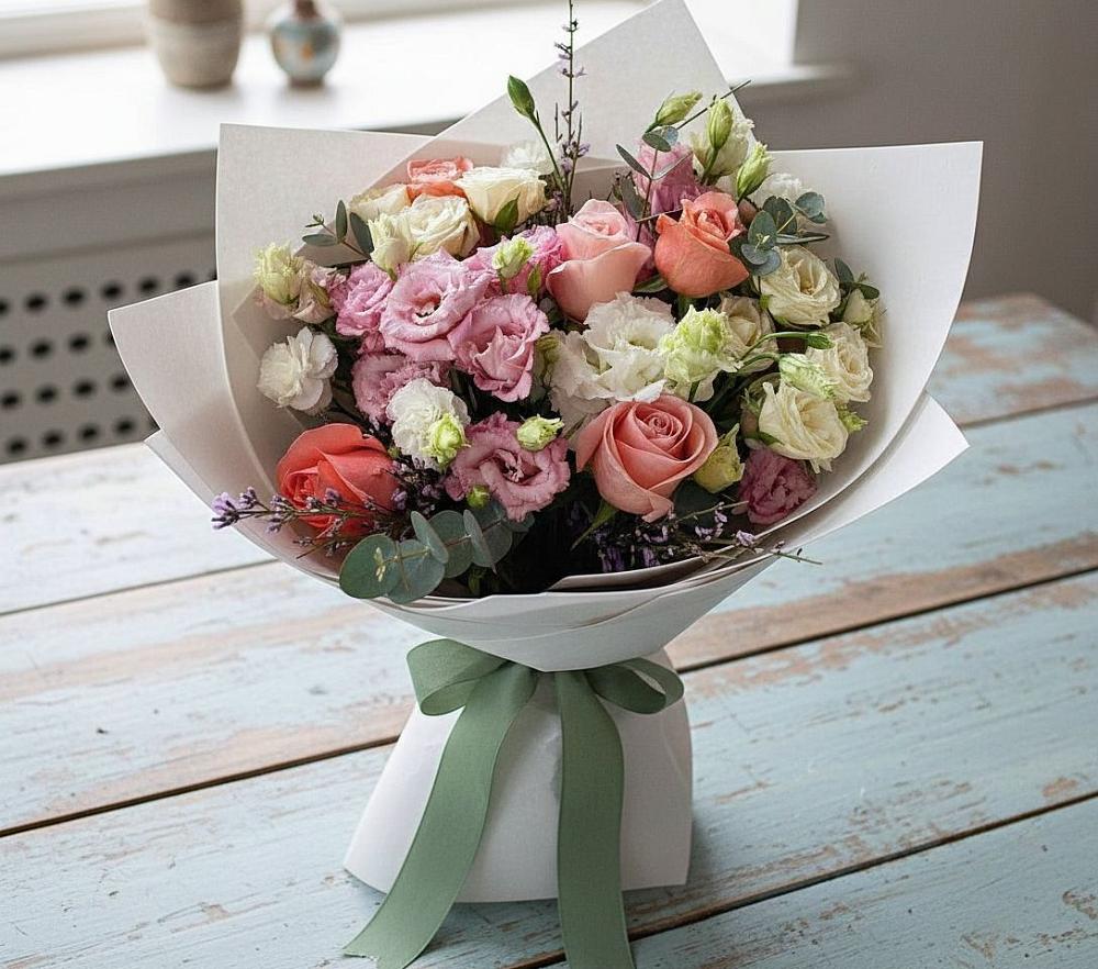 Букет цветов из: Розы, Лизиантусы и Гвоздики в Будогощь