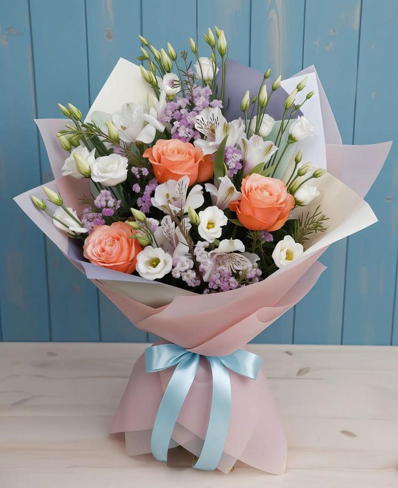 Букет цветов из: Лизиантусы, Розы, Альстромерии и Гипсофила в Будогощь