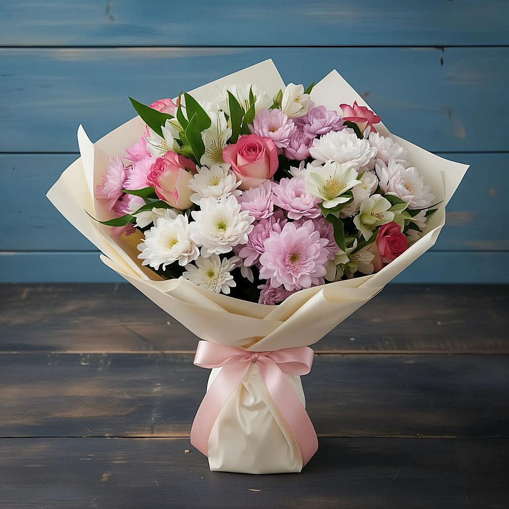 Букет цветов из: Хризантемы, Альстромерии и Розы в Будогощь